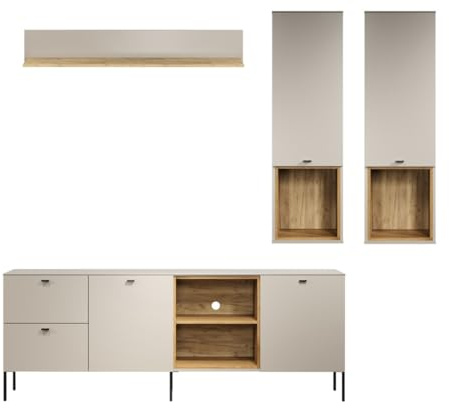 Anbauwand SaoPaulo Kaschmir · B 250 x H 215 cm | B 250 x H 215 x T 40 cm · Soft-Close-Dämpfer · Unterflur-Vollauszug · für TVs bis 65 Zoll · Metallgriffe · 18 cm Metallbeine