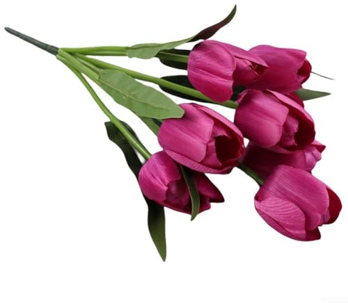 CYRENT Bouquet di tulipani artificiali con 9 teste di fiori finti a stelo lungo, in plastica, per matrimoni, decorazione della casa, centrotavola da sposa (rosso rosa)