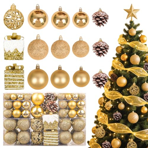 OIOYCLG Weihnachtskugeln 101stück Kunstoff Christbaumkugeln Set, christbaumkugeln Gold matt, glänzend, glitzernd mit tannenzapfen weihnachtsbänder für Weihnachtsbaum deko Party, Haus Dekoration