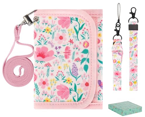 Choco Mocha Girls Wallets for Kids 6-8 8-10, Kids Wallets for Girls 10-12 Floral Trifold Wallet with Lanyard Gift Box 4 5 6 7 8 Year Old Girl Gifts, Pink