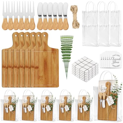 6 Sets Baby Shower Prizes for Game Winners, Wedding Bridal Shower Favors Bamboo Cheese Board PVC Gift Bags Thank You Card Spoon Fork Plaid Towel Artificial Eucalyptus Stems