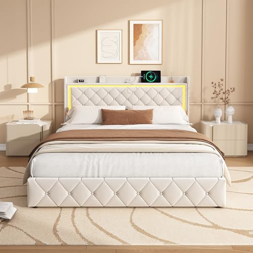 BPKADHY - Cama doble acolchada de 140 x 190 cm, cama con USB y luz LED, cama para adultos, con 4 cajones de almacenamiento con somier de madera de madera, terciopelo, colchón no incluido (Beige-E, 140