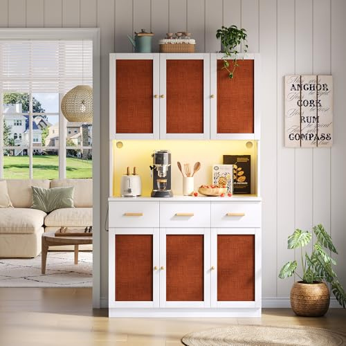Ligterra Hochschrank, Buffetschrank, Küchenschrank, Standvitrine mit Schubladen, mit LED-Beleuchtung, Schrank mit Stofftüren & Massivholzgriffen, für Küchen Wohnzimmer Bar, 105×43×182cm (Weiß)