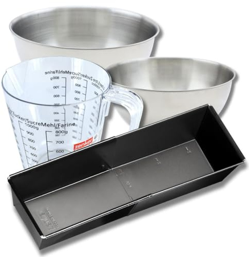 Zenker 9374950 Set pâtisserie Moule à Cake Extensible 28 à 40 cm, Antiadhésif Teflon, Brioches, Pain, 2 Bols à Mixer en Acier Inox 20,5 et 25 cm, Verre Mesureur Plastique 1 L, Spatule Silicone, Noir