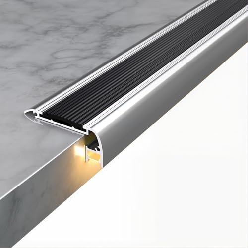 LED Treppenkantenprofil Alu 100 cm mit Bewegungsmelder - Rutschfester Treppenwinkel mit PVC-Einlage - Beleuchtete Stufenkante für Holz & Fliesen(Sensor type)