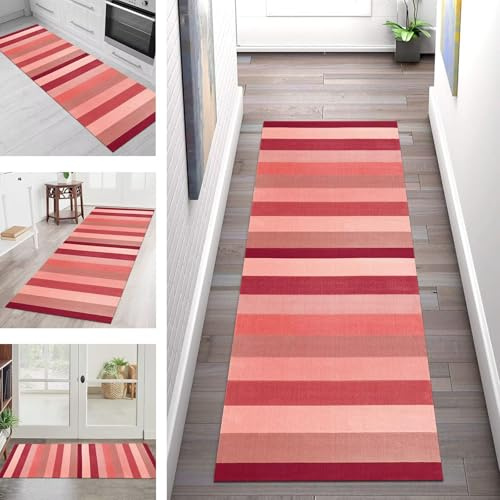 SGLGSTORE Teppich Läufer Flur Küche rutschfest Waschbar Schmutzfangmatte Rot Rosa Teppichläufer Küchenläufer Teppichmatten 70X180CM Läufer Wohnzimmer Meterware Schmutzfangteppich