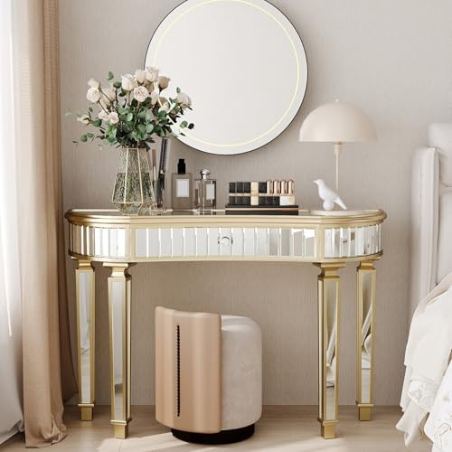 HaoChrymec Consolle Mezzaluna in MDF e Vetro Specchiato, Tavolo con Cassetto e Pomello in Cristallo, Tavolo da Divano, Tavolo Vanity, adatto per Ingresso e Camera da Letto, Oro e Argento, 120x38x78cm