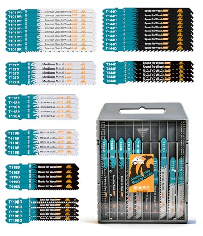 50PCS Jigsaw Blades Set, EXFEIN Assorted T-Shank Jig Saw Blades for Wood, Plastic and Metal Cutting (T118A,T118B,T127D,T119B,T119BO,T101BR,T144D,T244D)