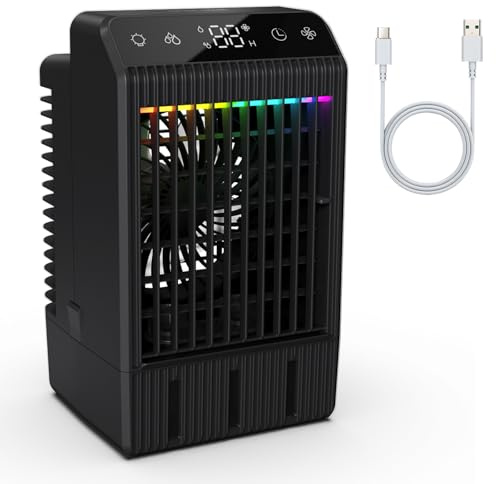 Condizionatore Portatile, 5 in 1 Raffreddatore d'aria, 4 Velocità, 2 Modalità di Nebulizzazione, Luce a 7 Colori, Timer 2-12 Ore, Mini Climatizzatore per Casa/Ufficio (Nero)