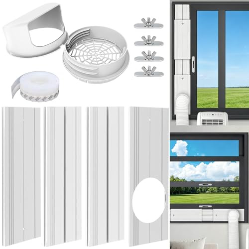 Muafafa Klimaanlage Fensterabdichtung Rolladen, 4 Einstellbare Platten für Mobile Klimageräte, Universal Abluftschlauch Adapter 13/15cm, Fensterdurchführung für Schiebefenster