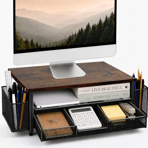 Computer Monitor Stand Riser with Storage, 2-Tier Wooden Desk Organiser and Accessories with Drawer & 2 Pen Holders, Ergonomic Desktop Stand for Printer, iMac & Office Desk Accessories, Brown