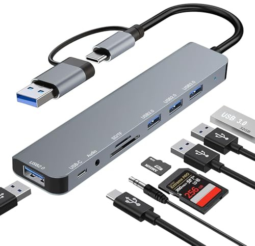 Hub USB 3.0 Hub USB C, 8 en 2 Docking Station con USB-A 3.0/2.0, USB-C 2.0, Lector de Tarjetas SD/TF y Audio 3.5mm, Adaptador Multipuerto 5Gbps Alta Velocidad para PC/Portátiles/Tableta/MacBook/iPad