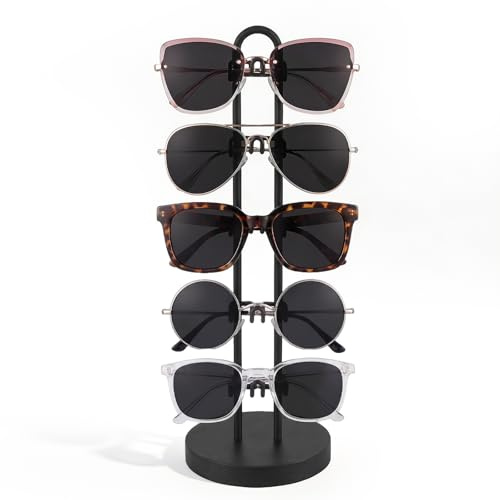 RFYTDCF 5 lagiges Brillenhalter, Metallrahmen Sonnenbrillen Aufbewahrung Praktisch Brillenständer Sonnenbrillen Organizer Brillenregal mit Holzsockel für Sonnenbrillen Lesebrillen Myopiebrillen
