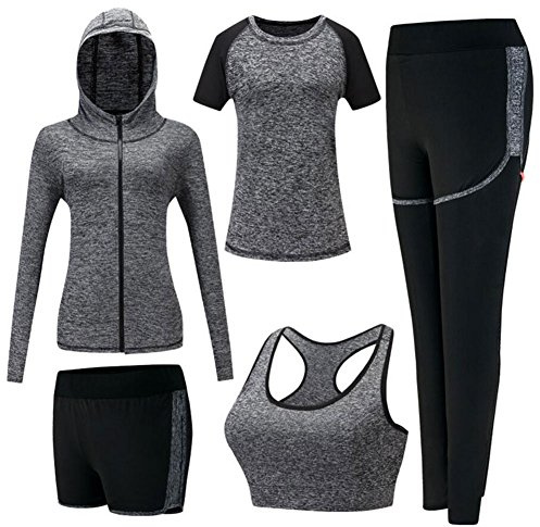 ZETIY Survêtement de Fitness Femme 5 Pieces Costumes de Sport Yoga Fitness Tenue de Sport Sportswear pour Gym Jogging Athletisme - Gris - XL