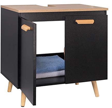 EUGAD Waschbeckenunterschrank Unterschrank Badezimmerschrank Waschtisch Badschrank Beistellschrank mit 2 Türe 60 x 40 x 60,5 cm Schwarz/Natur