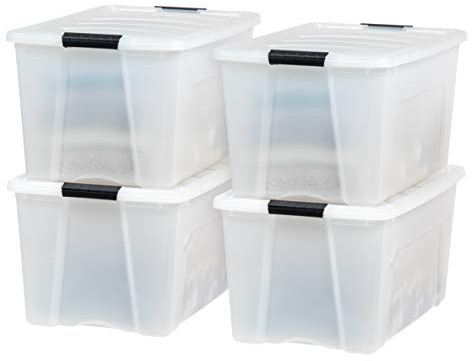 IRIS USA 72 QT Plastic Storage Box with Lid and Latches - 4 Pack - BPA-Free, Discreet Organizing Solution, Durable Nestable Stackable Containers, Secure Pull Handle - Pearl