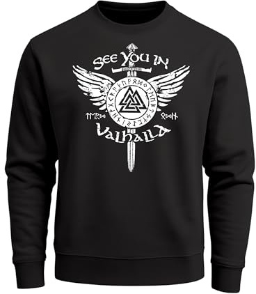 Neverless® Sweatshirt Herren See You in Valhalla Schwert Runen Odin Vikings Rundhals-Pullover Schwarz M