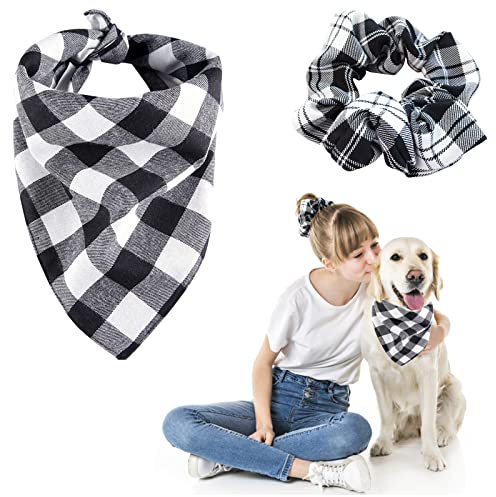 HACRAHO Hundehalstuch und Haargummi-Set, kariert, mit passendem Haargummi, Lätzchen mit rundem Haargummi, für Hundebesitzer und kleines, mittelgroßes und großes Haustier, Schwarz und Weiß, 2 Stück