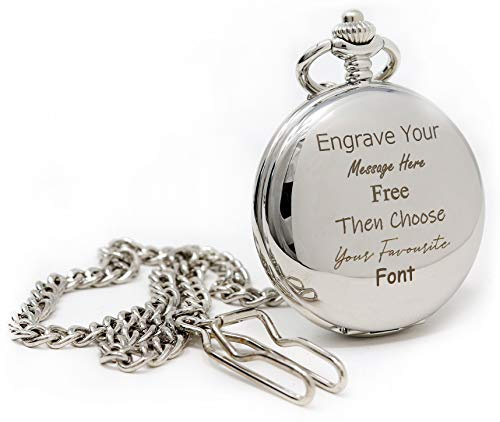 Regalo Personalised Silver Pocket Watch – Engraved Front Back & Lid Free Text, Birthday Wedding Christening Christmas Gift, 12in Albert Chain, 45mm Quartz Fob (Front & Back & Gift Box Engraving)