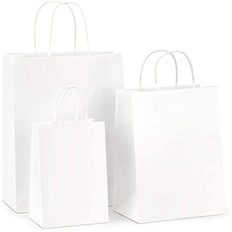 30 Stück Weiß Papiertüten mit Henkel, HRUISE Groß Mittel Klein Geschenktüten Set, 130GSM kraftpapier tüten, gut für Einkaufstüten,Partytüten,Geschenktüten,Hochzeitstasche - 10 Stück pro Größe