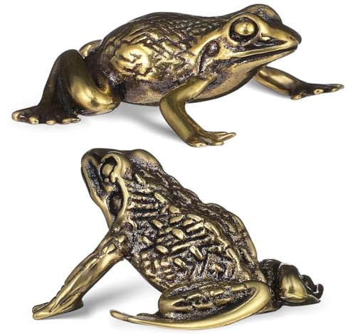 HOMSFOU Messingfrosch Statue Set Antike Frosch Figur Dekoration Klein Goldene Messingkröte Figur Für Schreibtisch Wohnzimmer Büro Feng Shui Deko 1.18X1.18X0.59In