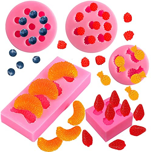5 piezas Moldes de Pastel de Silicona Fondant 3D Molde de fruta, mini piña fresa naranja arándano mora, Molde Decoración de Tartas Herramientas para Hacer Bricolaje Dulces Chocolate Moldes