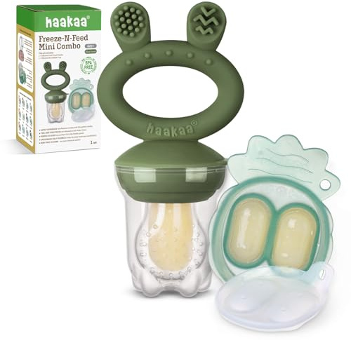 Haakaa Bebé Comedero de Frutas & Combo de mini bandejas, Moldes para Paletas de Leche Materna, Alimentador de Silicona Libre de BPA para la Auto Alimentación Segura del Bebé, 4 Meses+ -Verde oliva