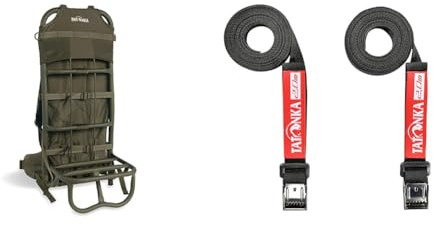 Tatonka 1130 Lastenkraxe, Olive, 78 x 35 x 28 cm, 80 Liter & Packriemen Easy Strap 18mm / 2m (2 Stück) - Zwei Spanngurte mit Metallschließe - 1,8 cm breit und 200 cm lang