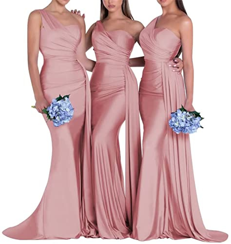 Robe de mariée sirène pour femmes, robe de demoiselle d'honneur à manches longues, robe sexy plissé à une épaule, robe moulante avec fronces, robe de femme de ménage d'honneur, rose poudré, 38