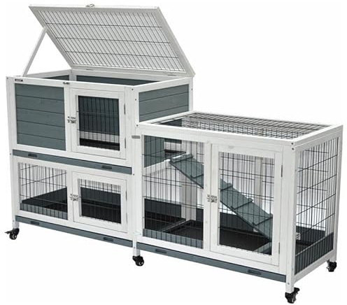 nanook Kleintierstall Nagerstall Indoor Kaninchenstall Hasenstall Meerschweinchen 146 x 89 cm - 6 x praktische Rollfüße - grau-weiß