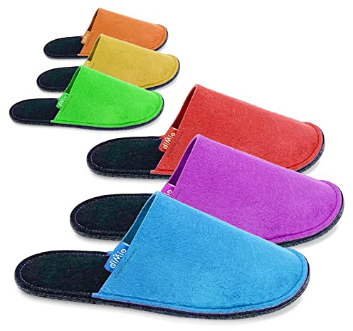 DiMio Lot de 6 paires de pantoufles en feutre de couleurs vives, tailles variées, feutre polyester de qualité supérieure, idéal pour la maison, la chambre d'amis et les B&B