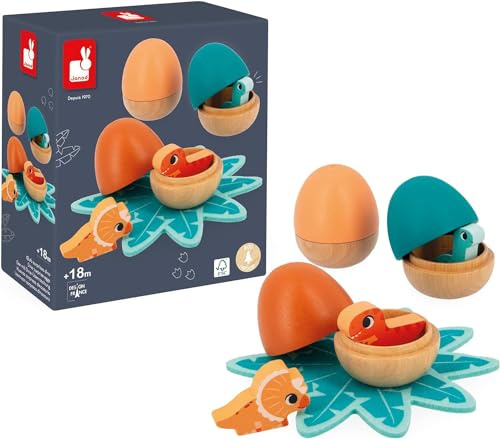 Janod - Huevos Sorpresa Dinosaurio - 3 Huevos con Bebés Dinosaurios - Encajables - Juguete de Madera FSC - A Partir de 18 Meses, J05834