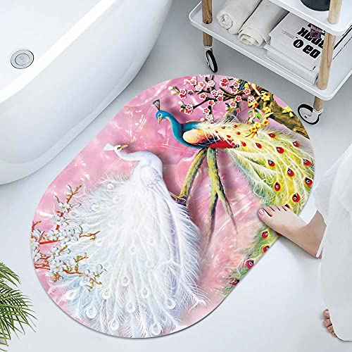 Super Absorbent Diatomaceous Earth Stone Bath Mat,Two Lovely Peacock Quick-Drying Bathroom Carpets,Non Slip Bathtub Floor Mat，Easy to Clean, Simple Kitchen Doormat(Oval 40×60cm)