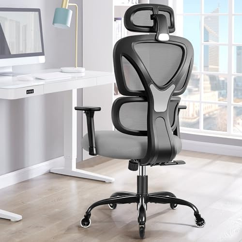 KERDOM Bürostuhl Ergonomischer Schreibtischstuhl,mit Verstellbarer Kopfstütze, Armlehnen, Lendenwirbelstütze, gegen Rückenschmerzen Bürostuhl 150kg/330LB Belastbar 9070F Gray