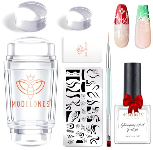 Modelones Nail Art Stamper Kit 7Pcs-1 Doppelend Nagelstempel Nagel Stempel,Schaber, French Nails Schablone,Doppel-Ende Pinsel, 10ML Stampinglack Gel, 2 Klarer Silikon, Nageltips French DIY Maniküre