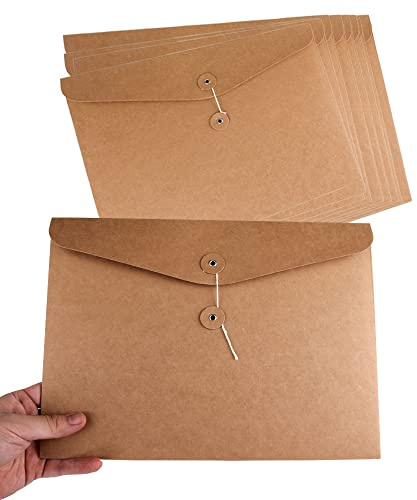10pcs A4 Kraft Paper Envelopes Portfolio Foolscap File Folders Document Folder with String Fastener Closure Wallet Pockets File Bags Storage Pouch Paperwork Organizer Bag for Office School Home