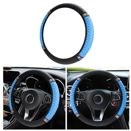 CGEAMDY Auto-Lenkradbezug, Leder Bestickte Farbe Diamantbesetzte Elastische Lenkradabdeckung, Anti Rutsch Universal Auto Lenkradhülle, Für Alle Jahreszeiten (Blau)