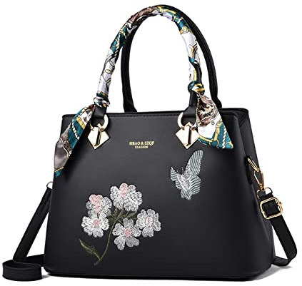 NICOLE & DORIS Elegante Handtaschen Damen Modern Schultertasche Satchel Handtasche mit Stickerei Blume Frauen Umhängetasche PU Leder Henkeltasche Crossbody Bag Schwarz