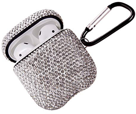 Custodia scintillante per AirPods con portachiavi, protettiva antiurto con strass, compatibile con custodia di ricarica AirPods 2 e 1 (bianco)