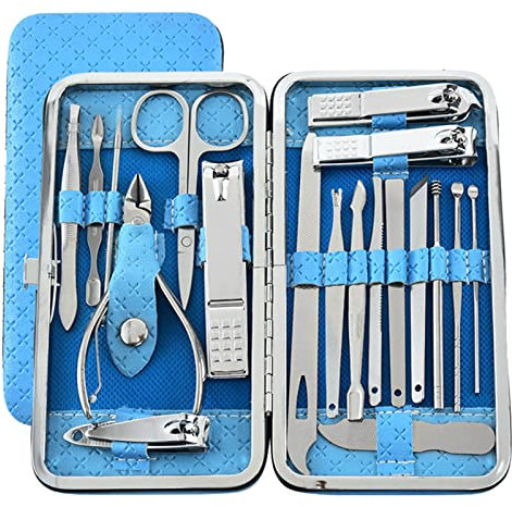 Juego de cortaúñas de acero inoxidable, 19 piezas kit de manicura y pedicura profesional, tijeras de uñas conjunto de cuidado facial y uñas de viaje portátil