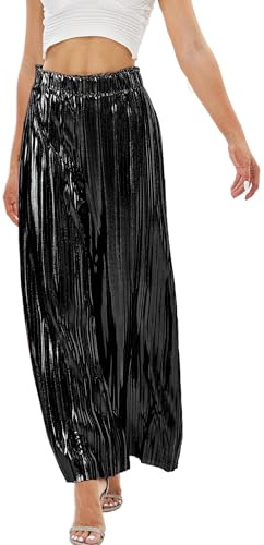 Fakanhui Palazzo-Hose für Damen, metallisch, weites Bein, Gold/Silber, Freizeit, Abend, Party, Clubwear, Hose, schwarz metallic, X-Groß