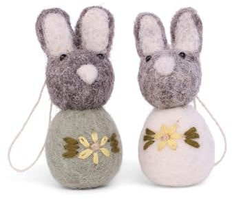 Gry & SIF bestickte Osterhasen Aufhänger, Ostern, Osterdeko, Handmade, Fairtrade | Anhänger graue Bommelhäschen Bestickt, Grün und Weiß, 2er Set
