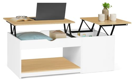 IDMarket - Table Basse Coffre 2 Plateaux relevables ELEA Blanc et Bois