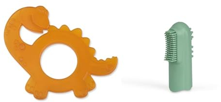 GRÜNSPECHT Bio-Beißring aus Naturkautschuk für zahnende Babys, massiert Zahnfleisch, BPA frei, weich, fördert Feinmotorik, Dinosaurier (639-V1) & Natürliche Fingerzahnbürste aus Naturkautschuk