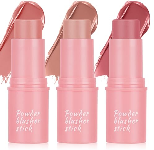 3 in 1 Cream Blush Stick, 3 Pcs Cream Contour Stick for Cheeks Lips Eyes, Long Lasting Waterproof Lightweight Blusher Stick, Moisturize and Blendable Blushers for Women Girls Cheeks Makeup