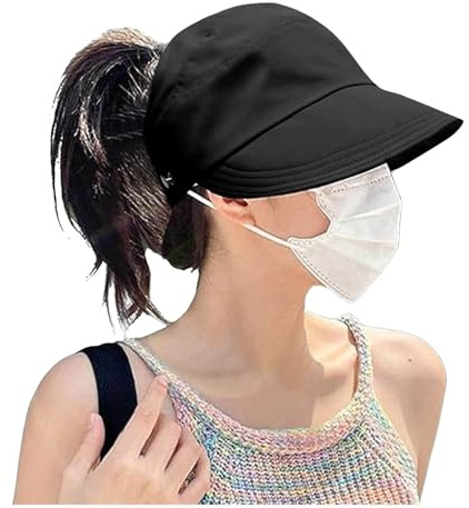 Damen Sonnenhut Baseball Cap Sommer Damen Sommermütze Leerer Zylinder Basecap Sportkappe Mit Zöpfen Loch Loop Baseball Cap Damen Pferdeschwanz Baseball Cap Verstellbar Basecap (Black, One Size)