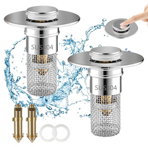 Ainiv 2 Stücke WaschbeckenstöPsel, 304 Edelstahl Pop Up Abflusssieb, WaschbeckenstöPsel für 28-34mm Abfluss Ablauf, Abflussstopfen Waschbecken mit Haarsieb, Abflussstopfen für Bad, Waschbecken, Küche