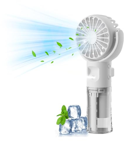 Xevinas Handventilator Mit Wasser | Tragbarer Handventilator USB Wiederaufladbar | Hand Fan Mit 4 Geschwindigkeiten | 800 MAh Powerbank Batteriebetrieben Max 12 Hrs Runtime Taschenventilator (Weiß)
