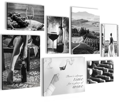 Novart Wandbilder Wein Fashion - KOMPLETT AUFHÄNGFERTIG - Schwarz Weiss Wohnzimmer Esszimmer Küche - 7 Moderne Mood-Bilder - N036571a