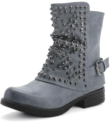 Pogolino Damen Stiefeletten Nieten Biker Boots mit Reißverschluß flach bequem Stiefel ST016
